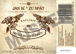 Konzertticket Record Release Party Jan W. Zu Spät Pinnow 10.11.12